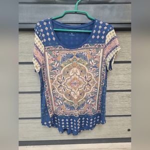 Lucky Brand Bohemian Cap Sleeve Round Neck Light Weight W/XL Blue